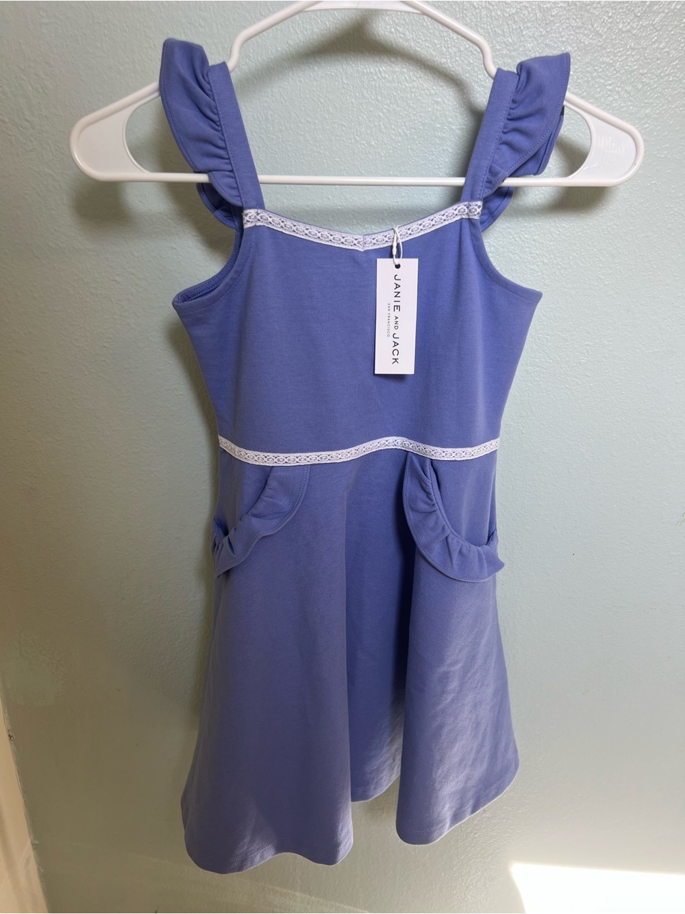 Janie and Jack Lavender Ruffle Strap Ponte Dress, Size 7, NWT, Lace White Detail